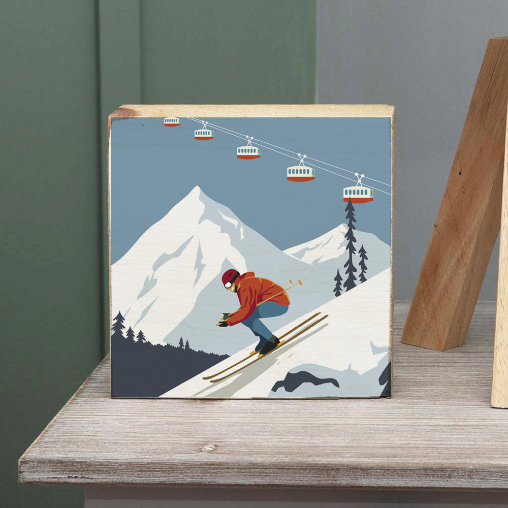 Bluebird Ski Day Decorative Wooden Block