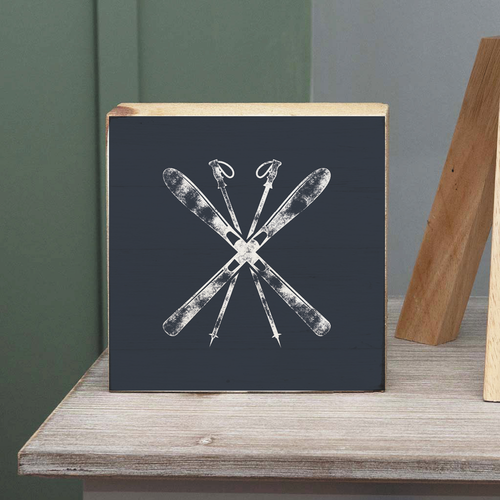 Navy Blue Ski Decorative Wooden Block