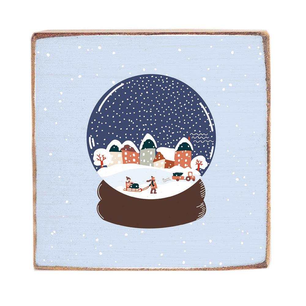 Vintage Snow Globe Village Wood Block