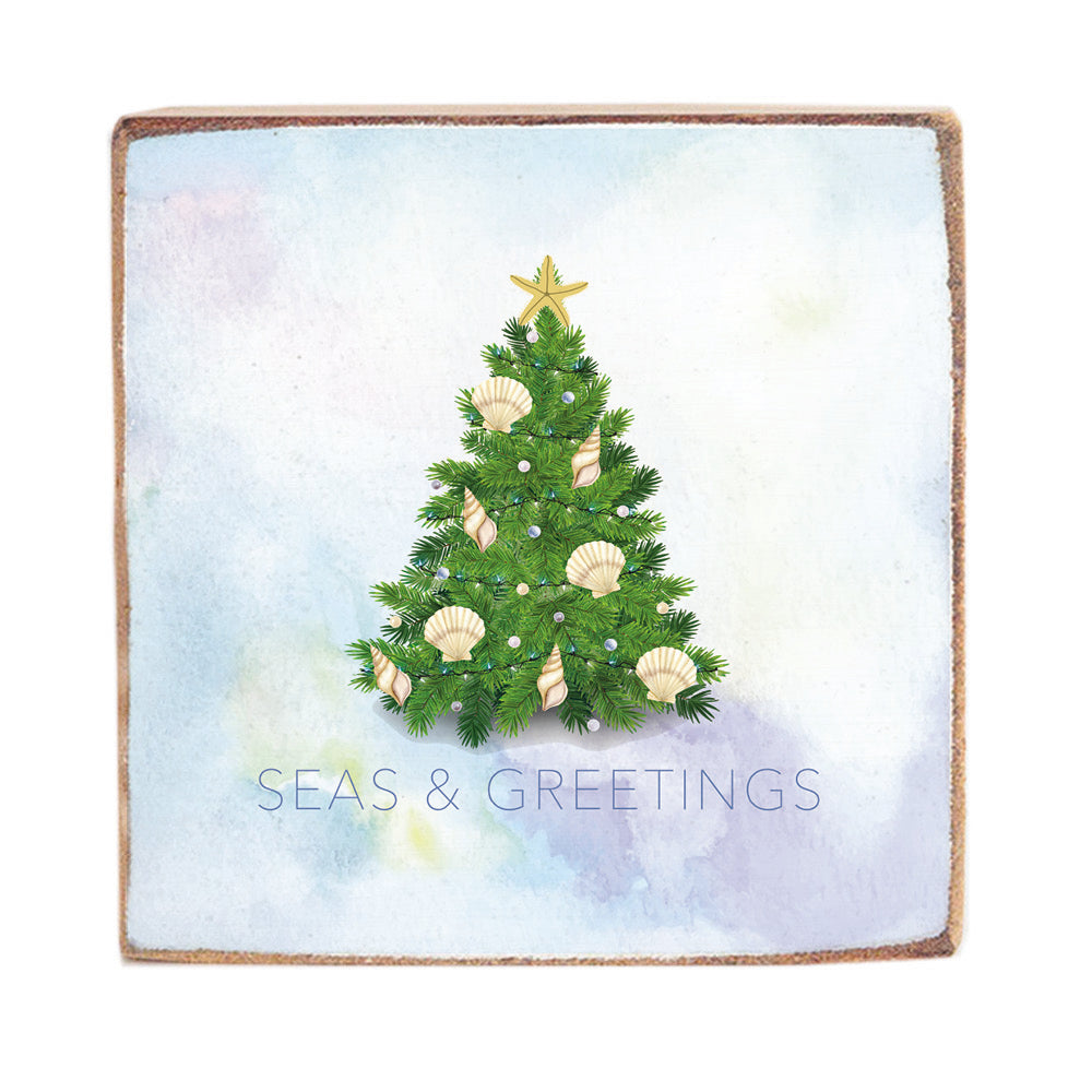 Coastal Christmas Evergreen Tree Wood Block