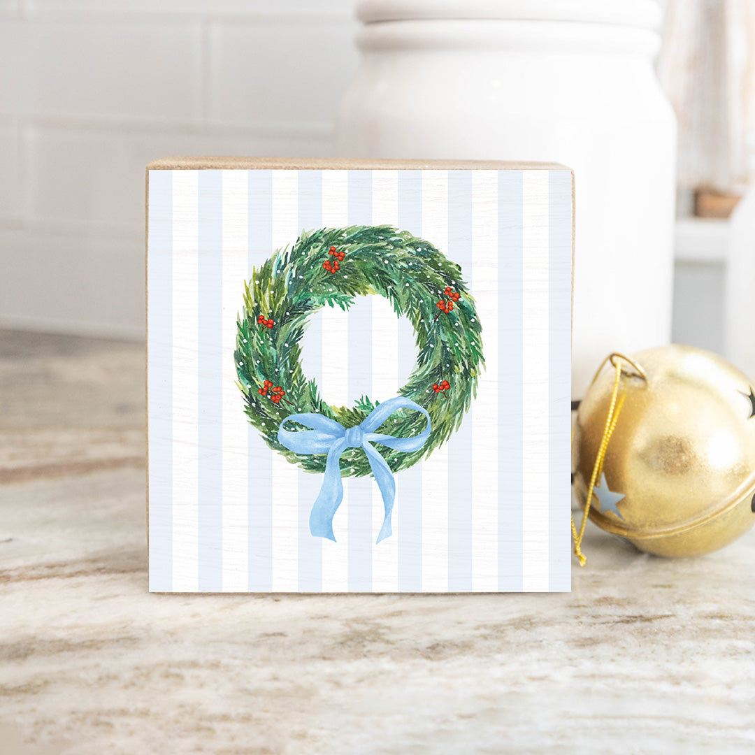 Blue Ribbon Wreath Decorative Wooden Block