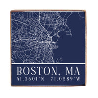 Navy Blue Boston City GridCoordinates Wood Block