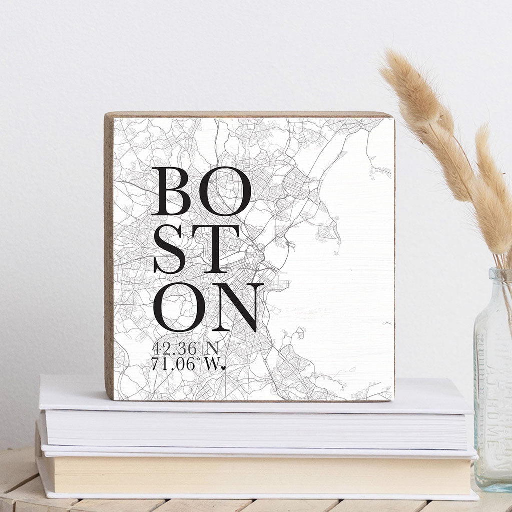 Black And White Boston City Decorative Wooden Block