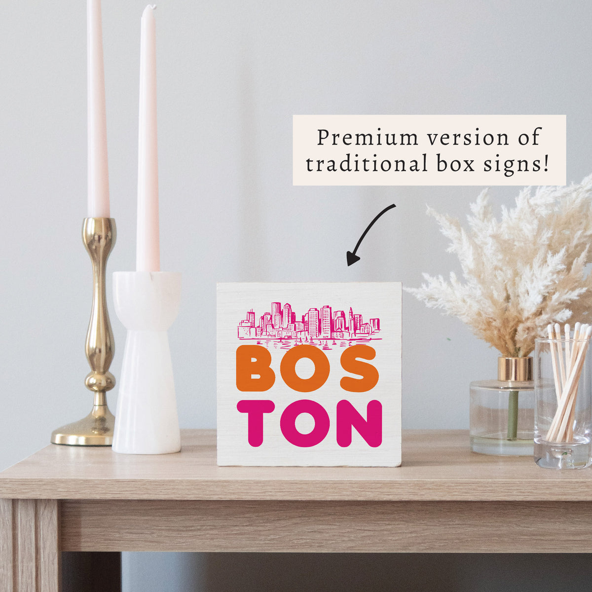 Boston Orange and Pink Skyline Block Sign