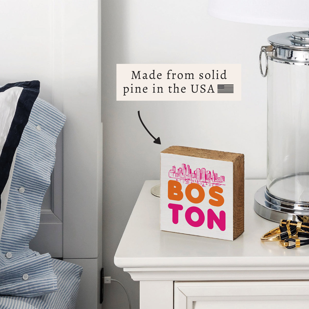 Boston Orange and Pink Skyline Block Sign