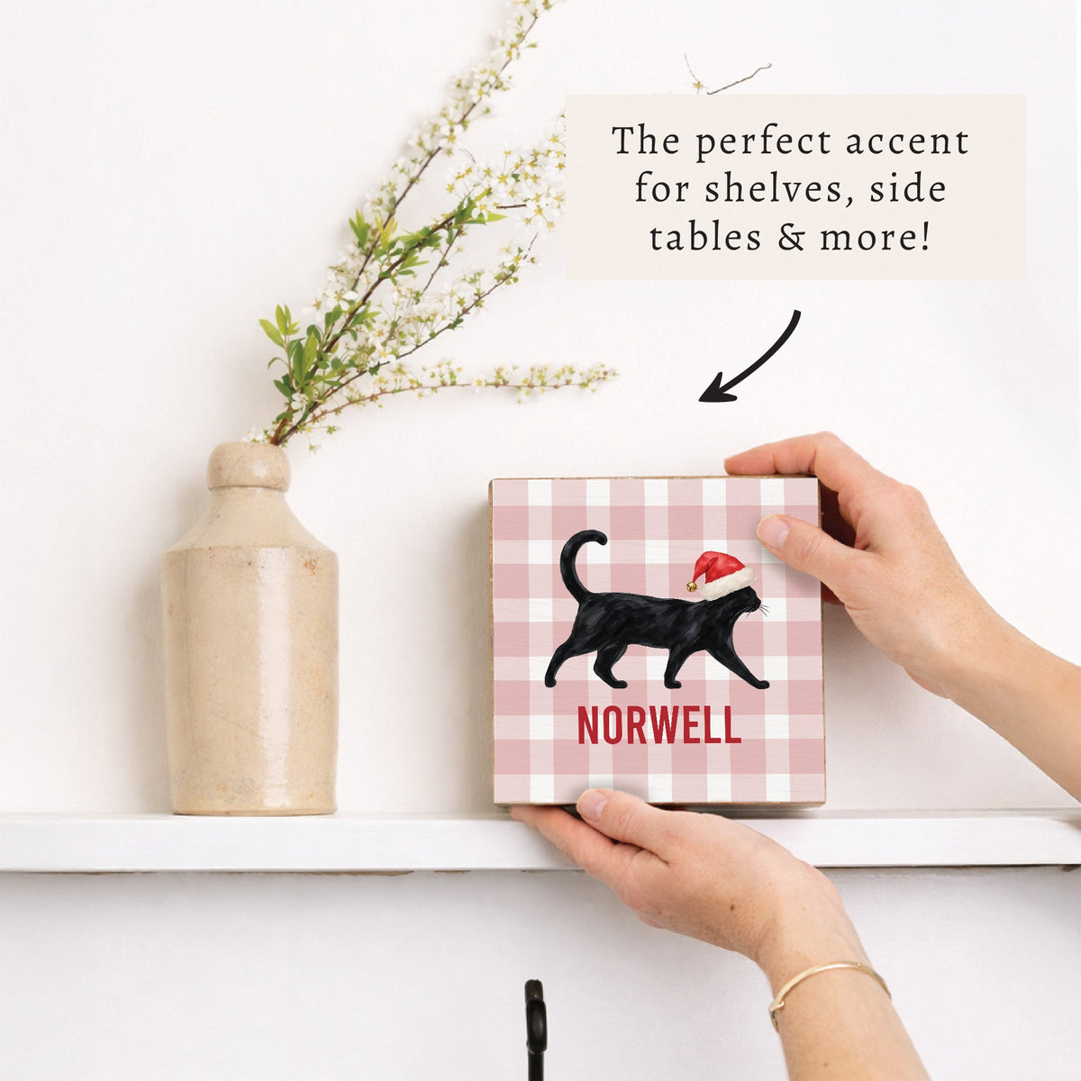 Black Cat Santa Hat Personalized Block Sign