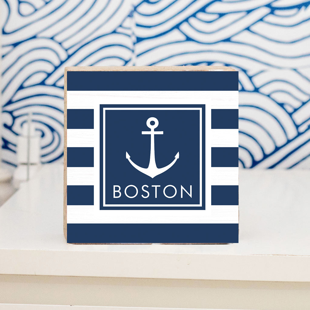 Personalized Navy Anchor Stripes Decorative Wooden Block