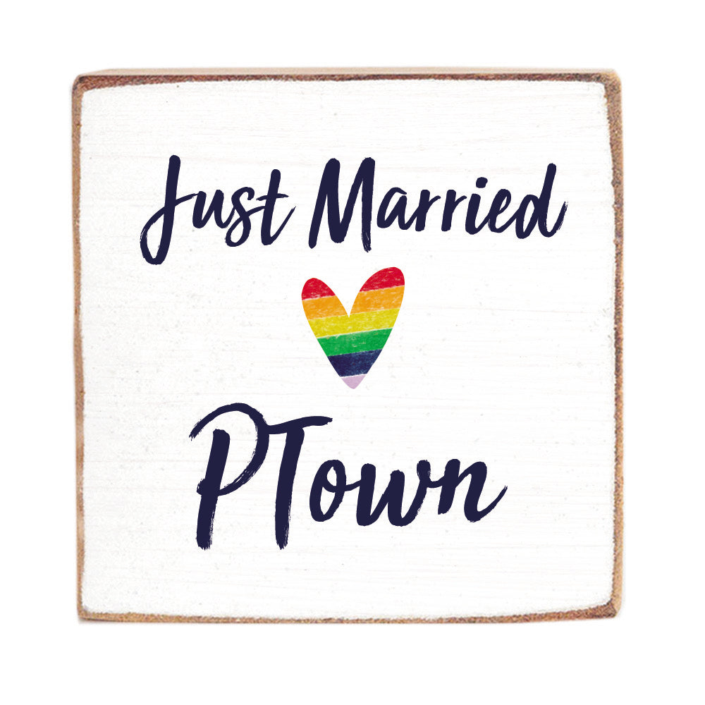 Rainbow Just Married Personalized Wood Block