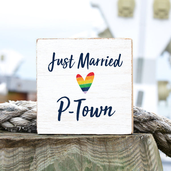 Rainbow Just Married Personalized Wood Block