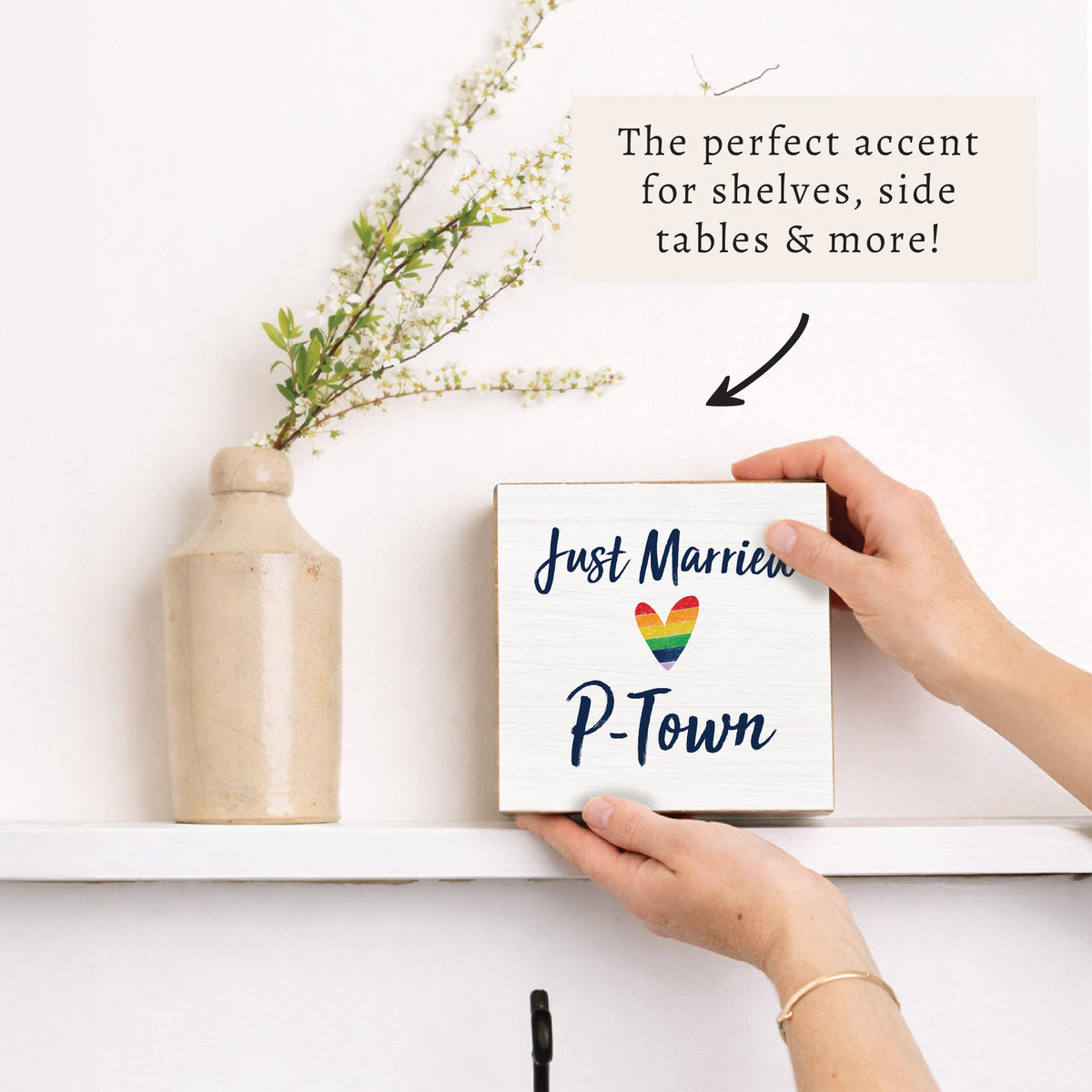 Just Married Rainbow Heart Personalized Block Sign