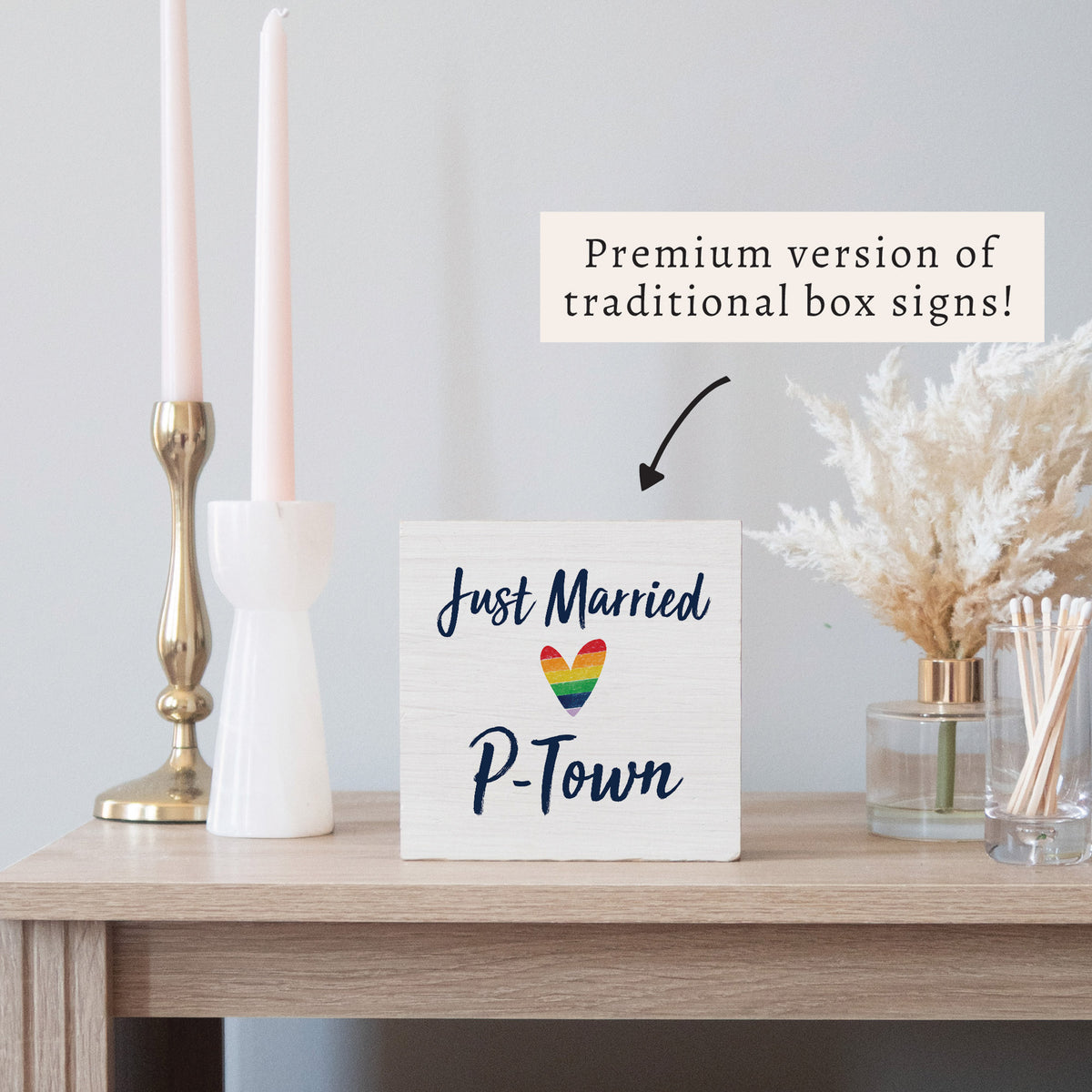 Just Married Rainbow Heart Personalized Block Sign