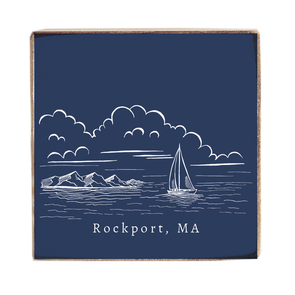Navy White Sailing Personalized Square Block