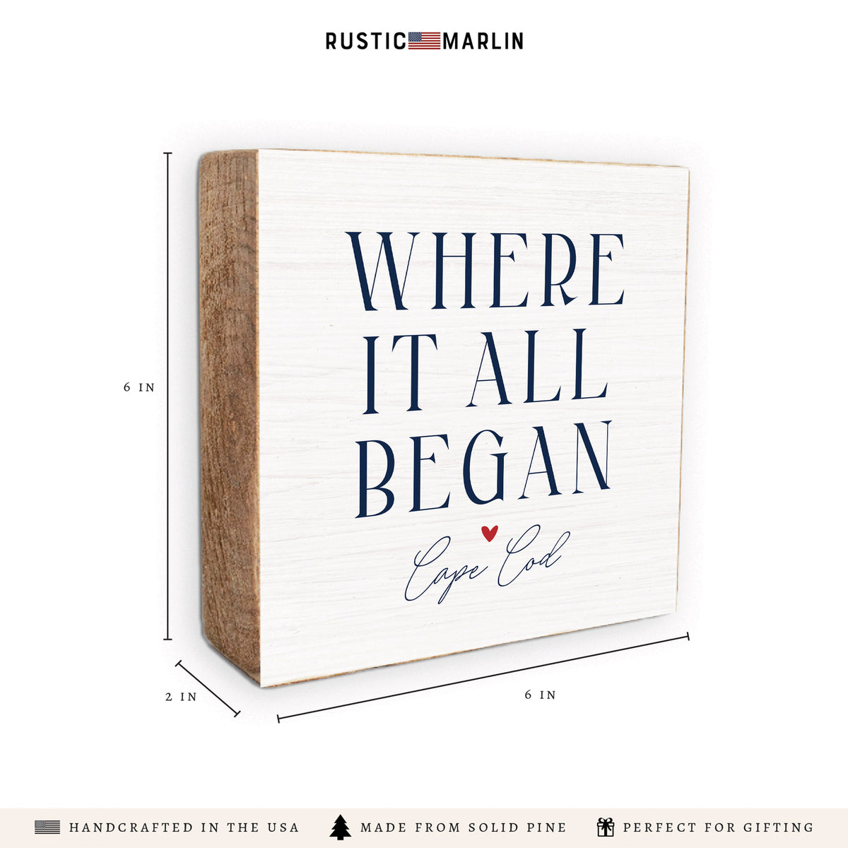 Where It All Began White/Navy Red Heart Personalized Block Square
