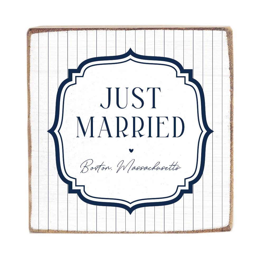 Just Married White/Navy Personalized Block Sign