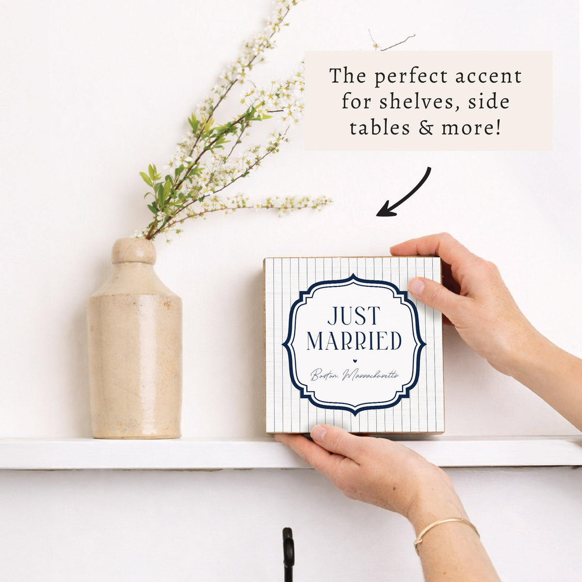 Just Married White/Navy Personalized Block Sign
