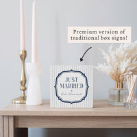 Just Married White/Navy Personalized Block Sign