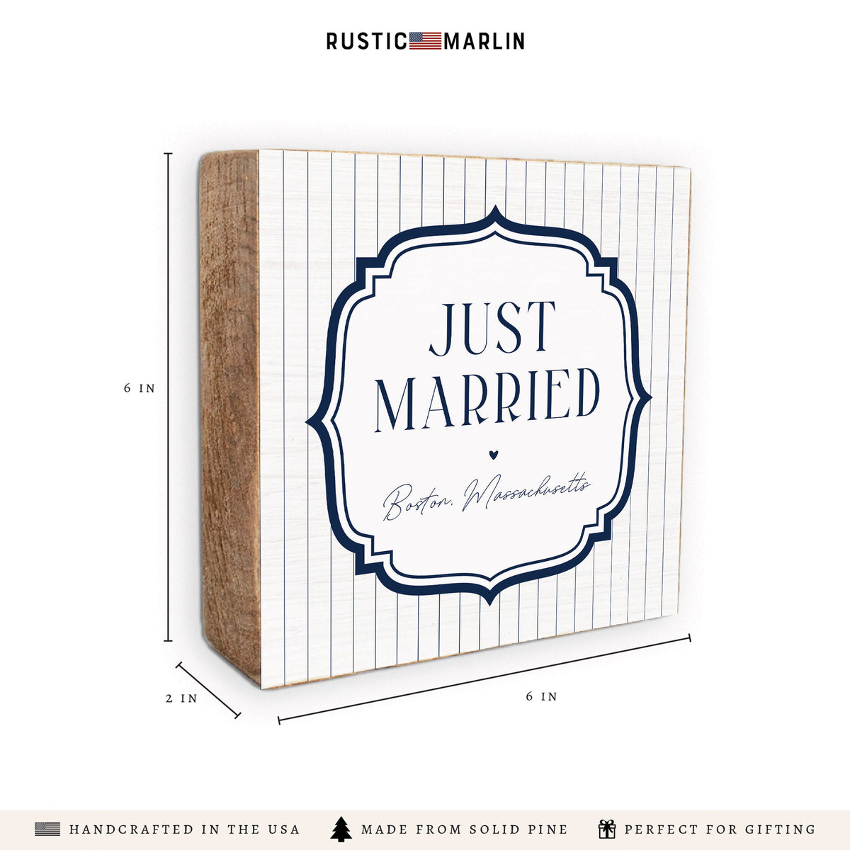 Just Married White/Navy Personalized Block Sign