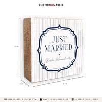 Just Married White/Navy Personalized Block Sign
