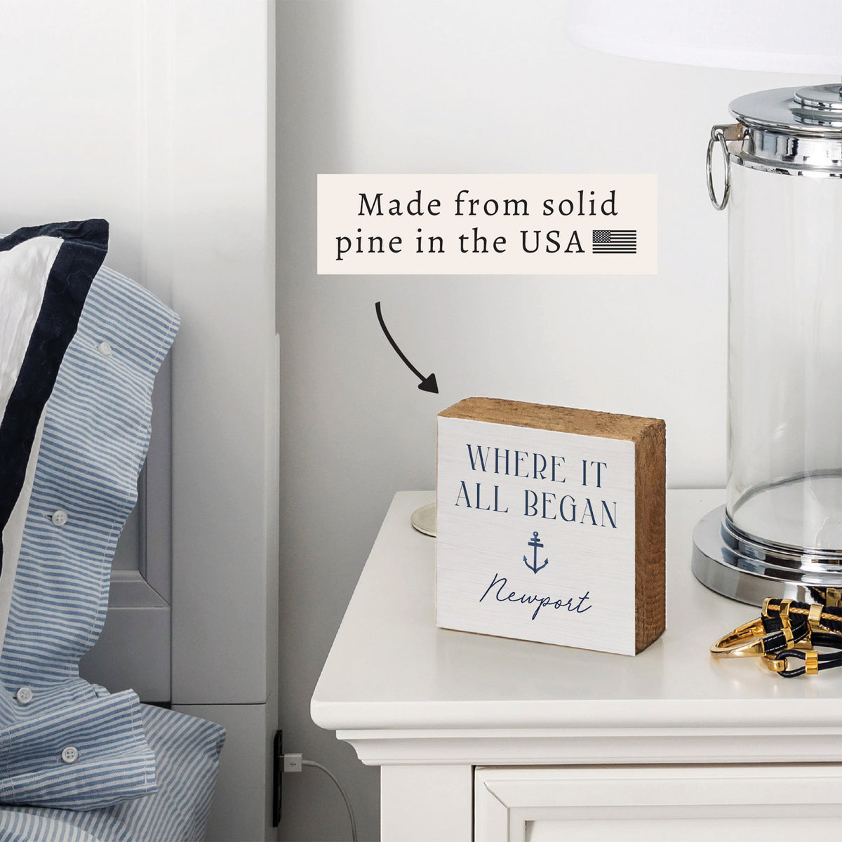 Where It All Began Anchor White/Navy Personalized Block Sign