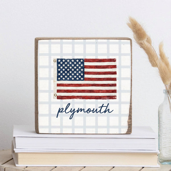 American Flag Blue Plaid Personalized Block Sign
