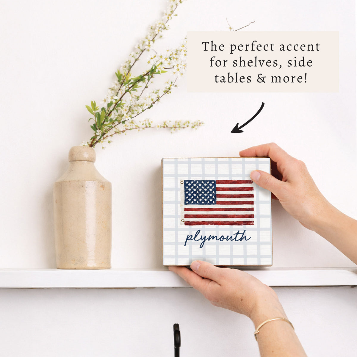 American Flag Blue Plaid Personalized Block Sign