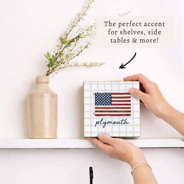 American Flag Blue Plaid Personalized Block Sign