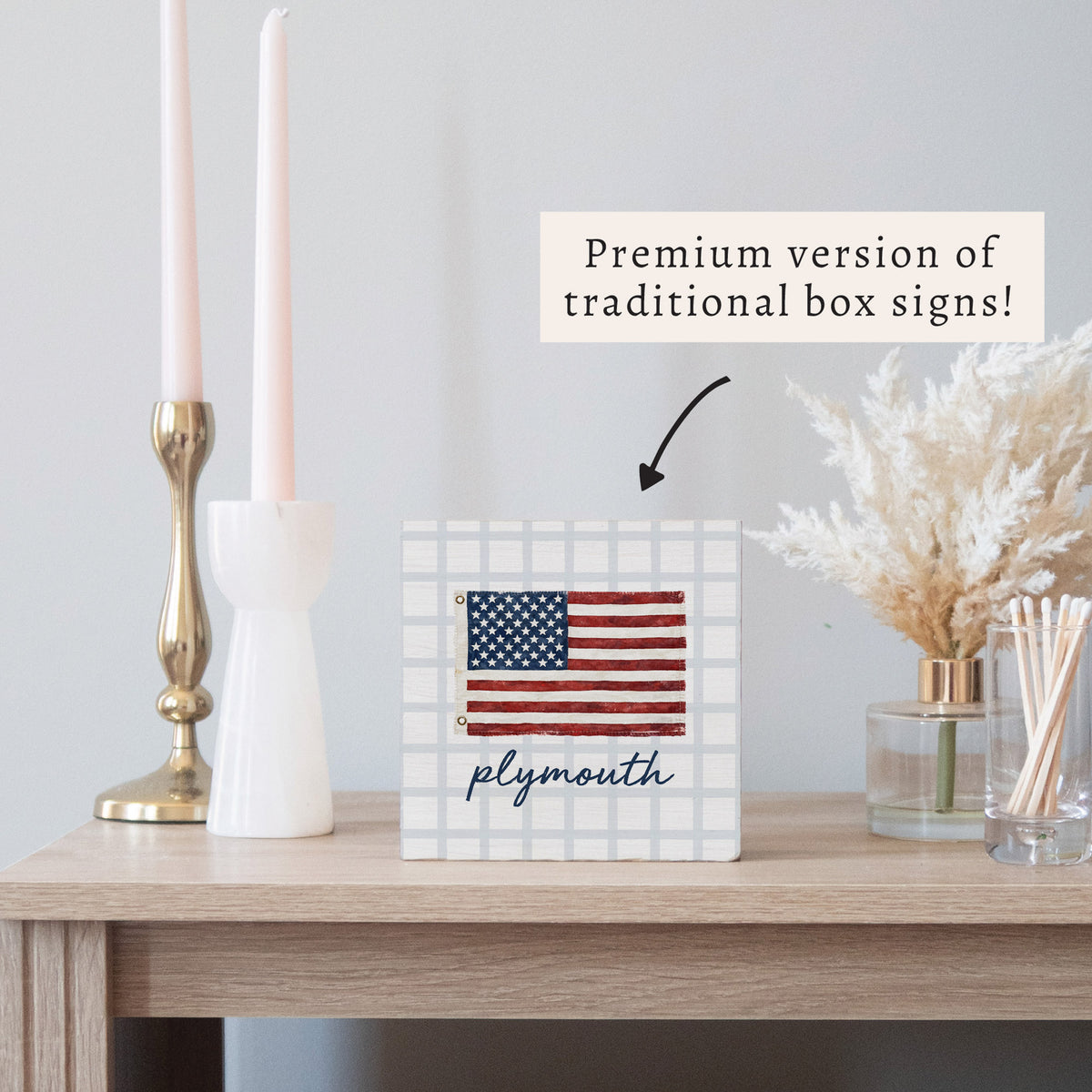 American Flag Blue Plaid Personalized Block Sign