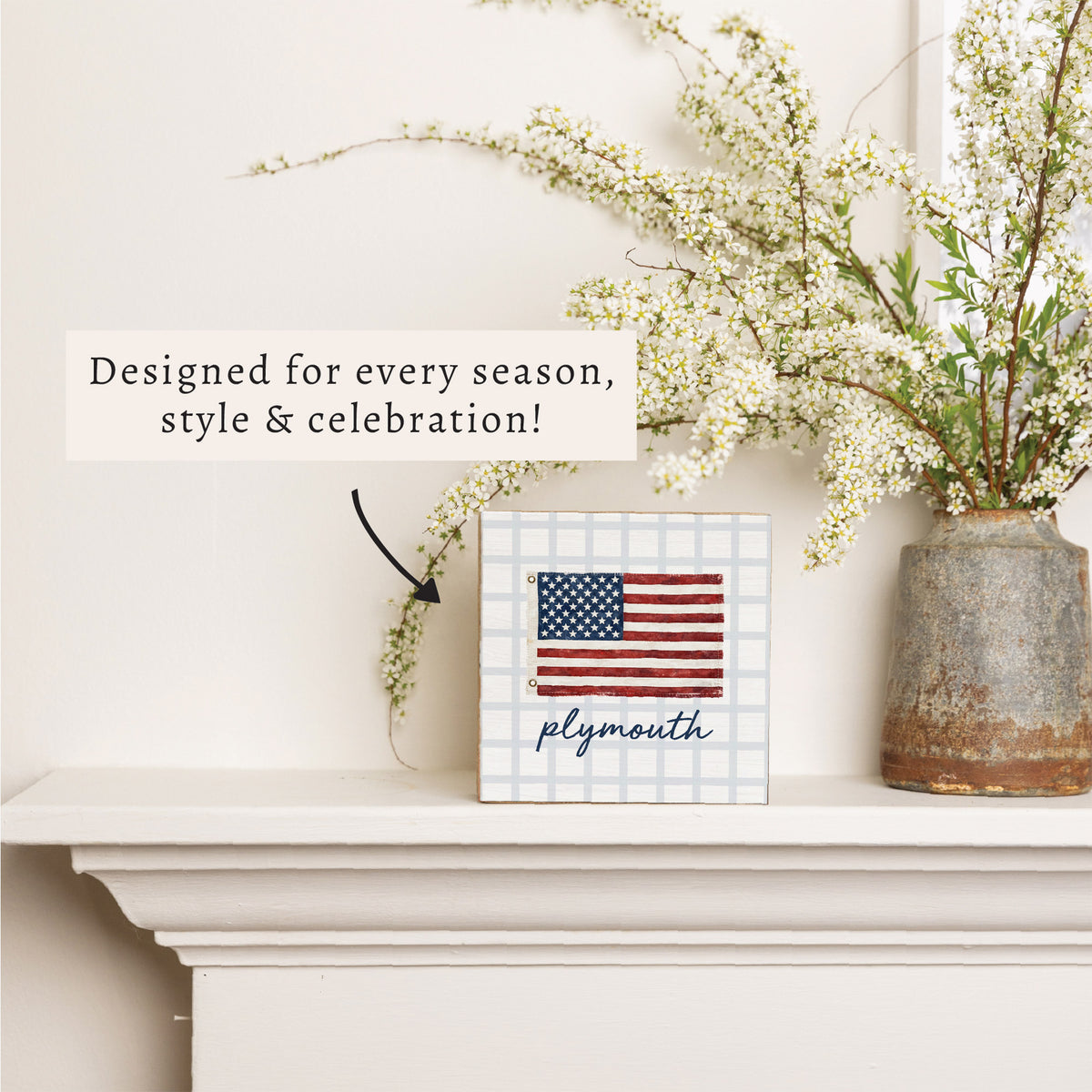 American Flag Blue Plaid Personalized Block Sign