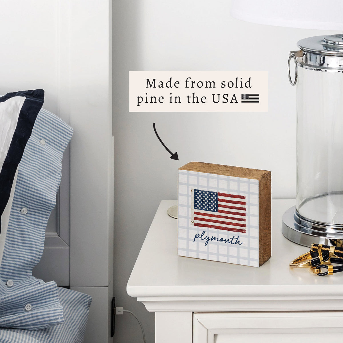 American Flag Blue Plaid Personalized Block Sign