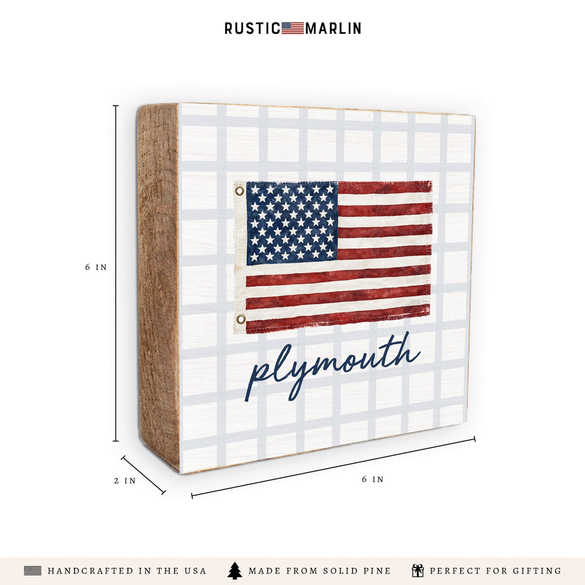 American Flag Blue Plaid Personalized Block Sign