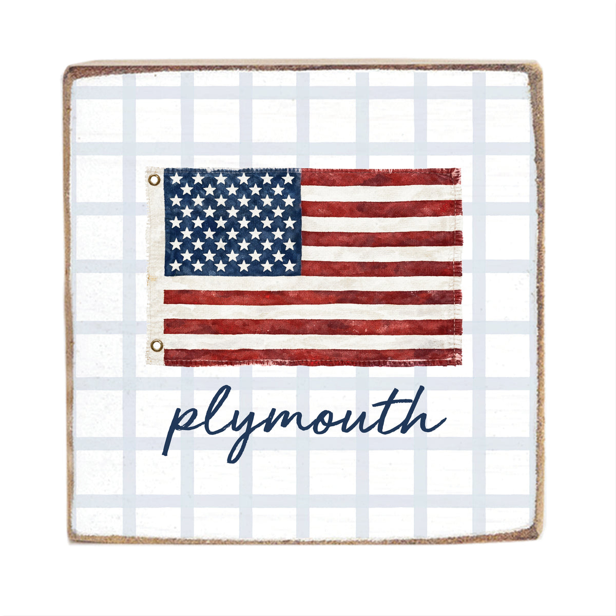 American Flag Blue Plaid Personalized Block Sign