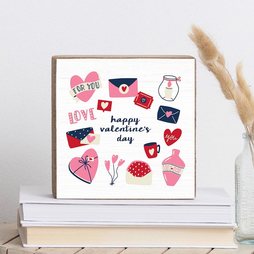 Happy Valentine's Day Love Symbols Wood Block