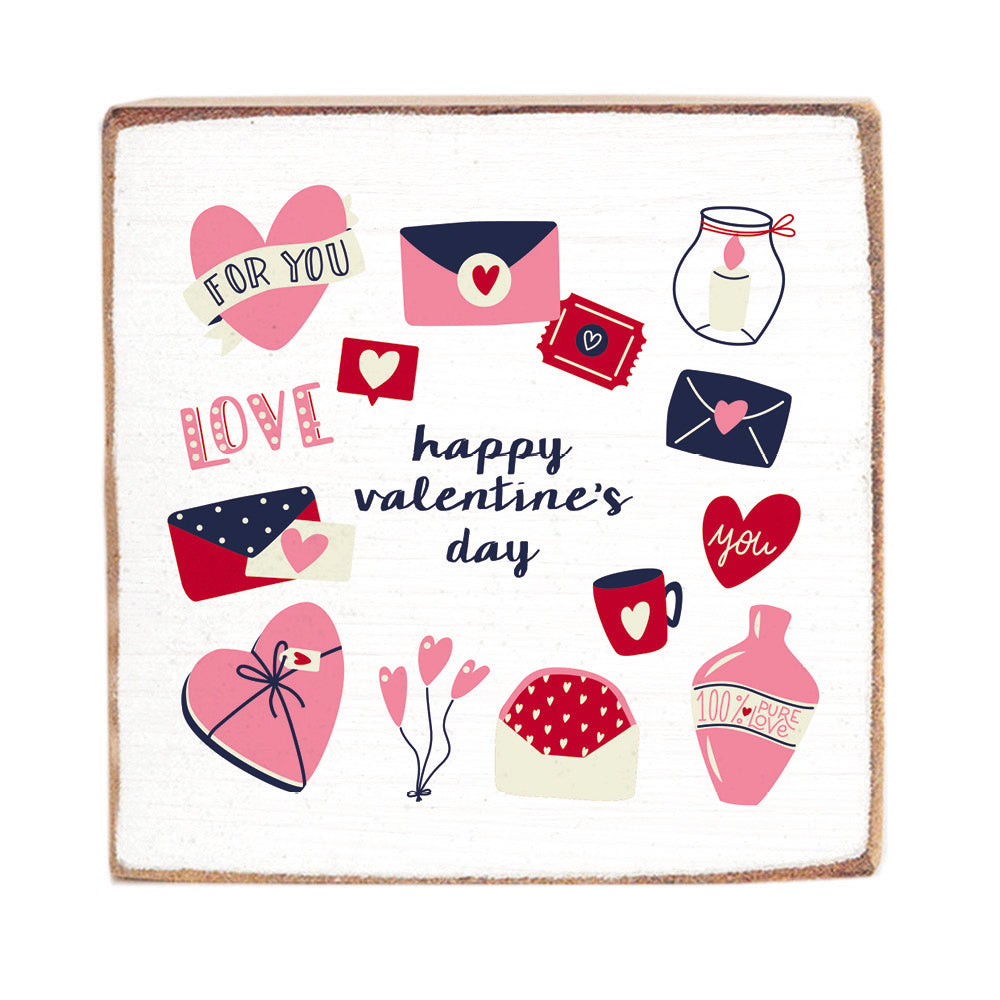 Happy Valentine's Day Love Symbols Decorative Wooden Block