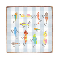 Blue Gingham Fishing Lures Square Block Sign