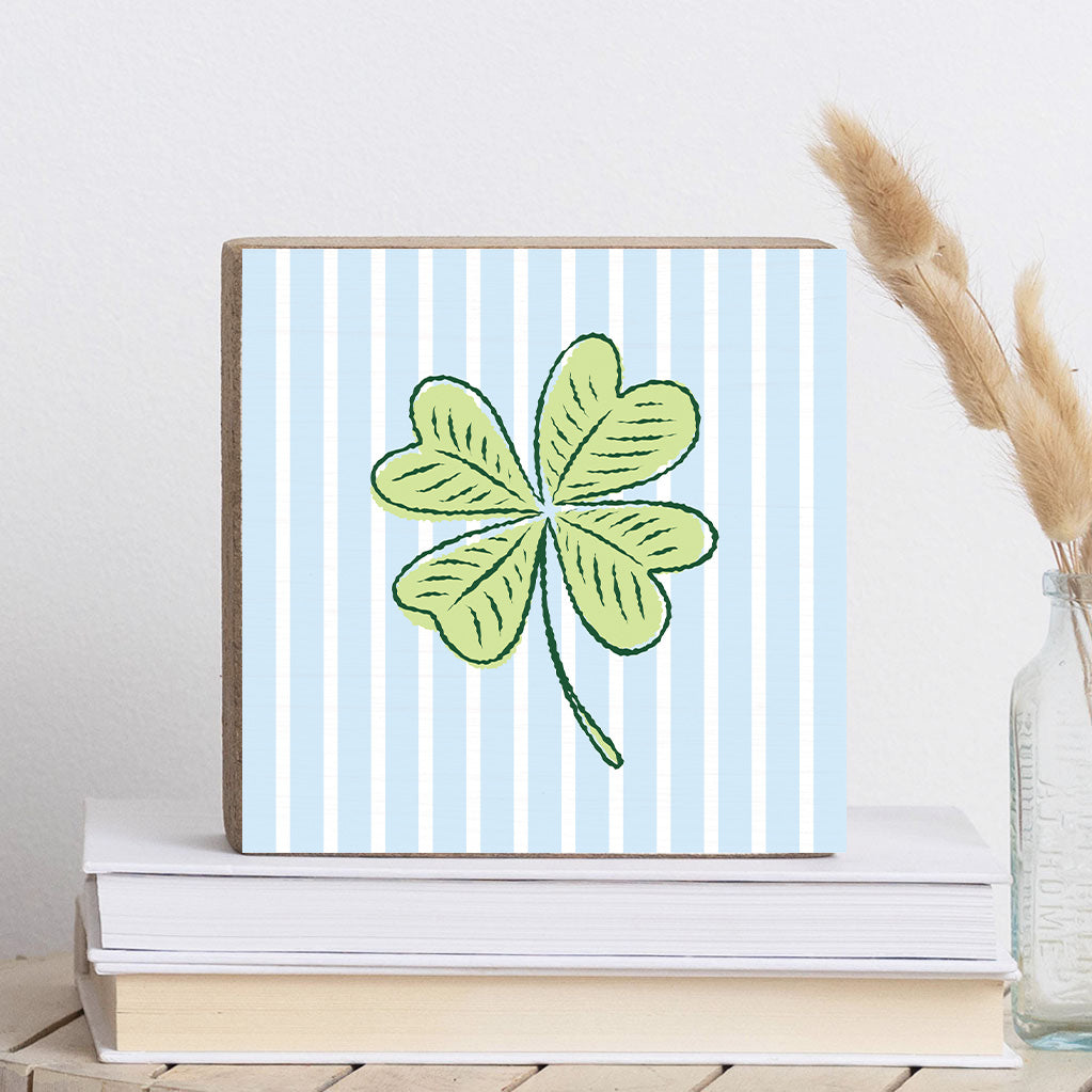 Blue Striped Shamrock Decorative Wooden Block