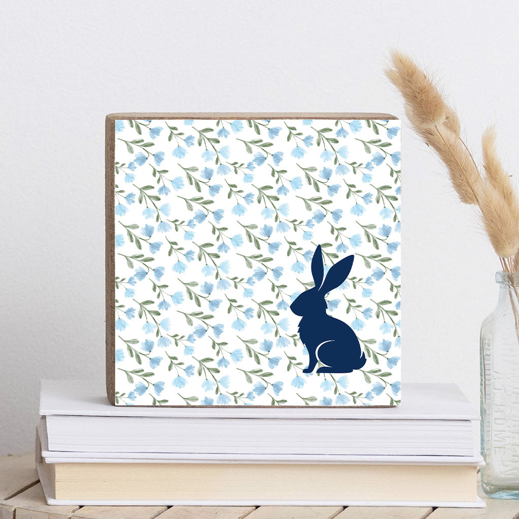 Blue Floral Bunny Silo Decorative Wooden Block