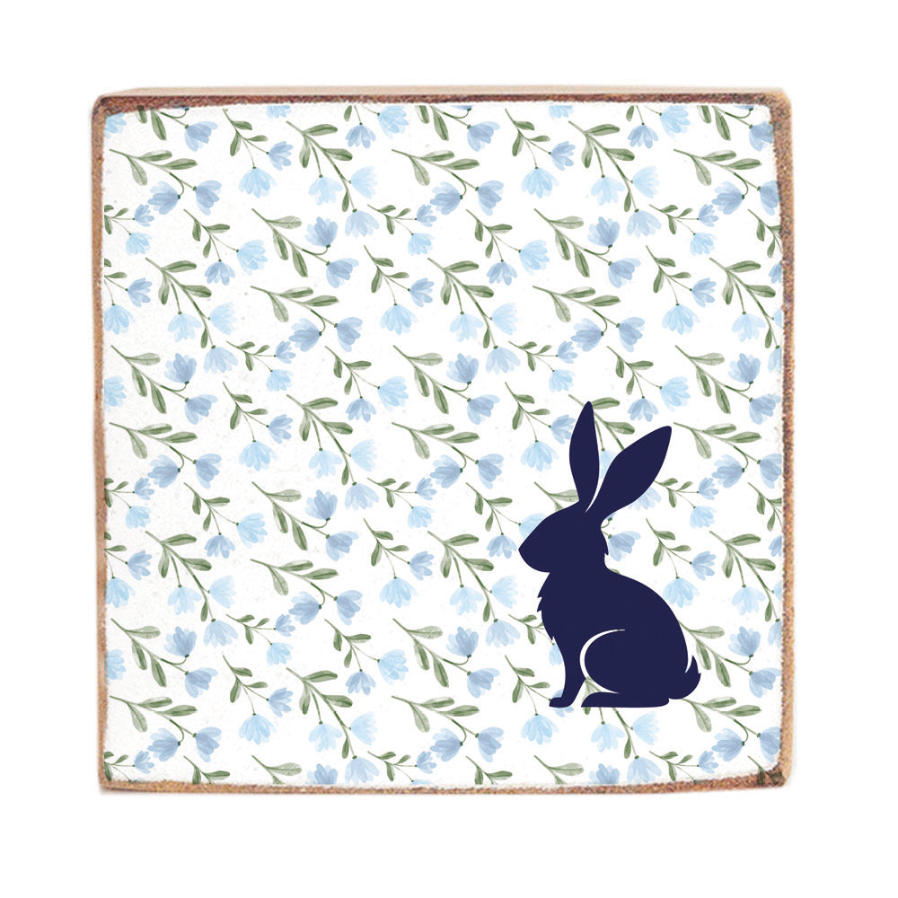 Blue Floral Bunny Silo Decorative Wooden Block