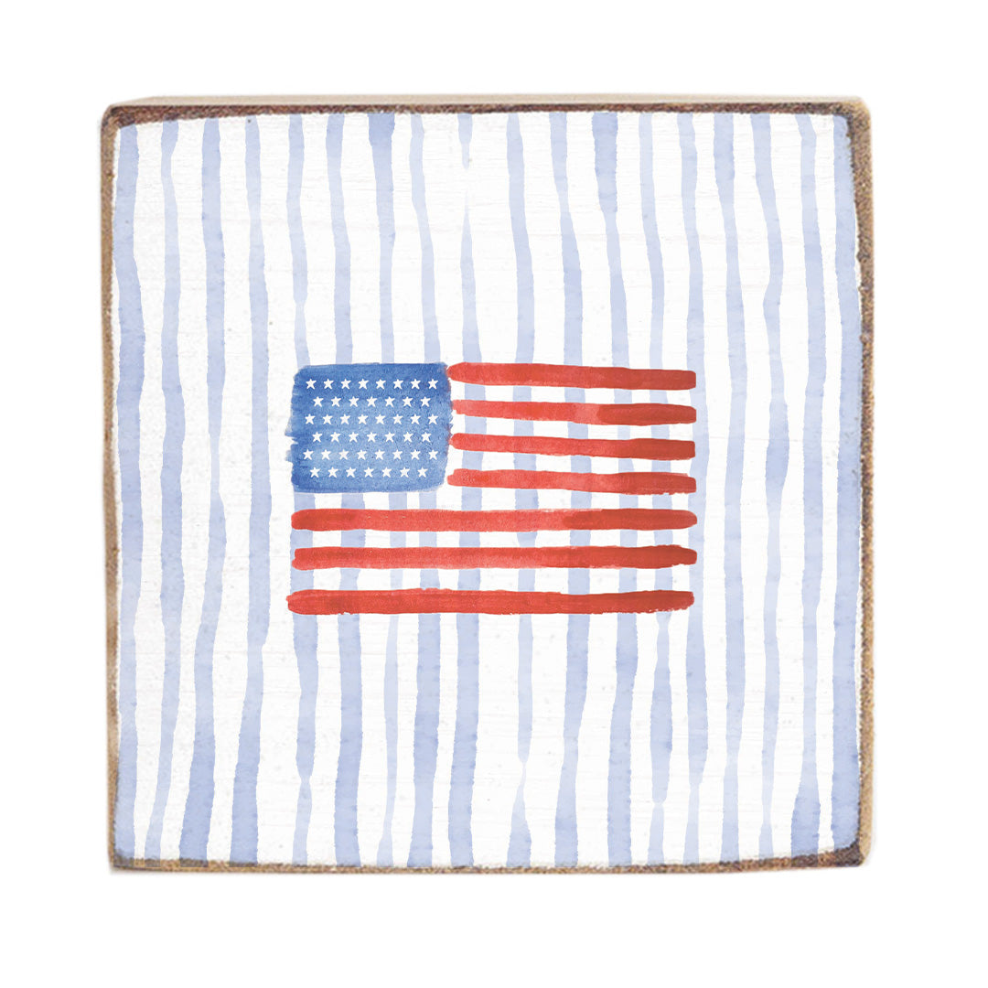 Watercolor American Flag Square Block Sign