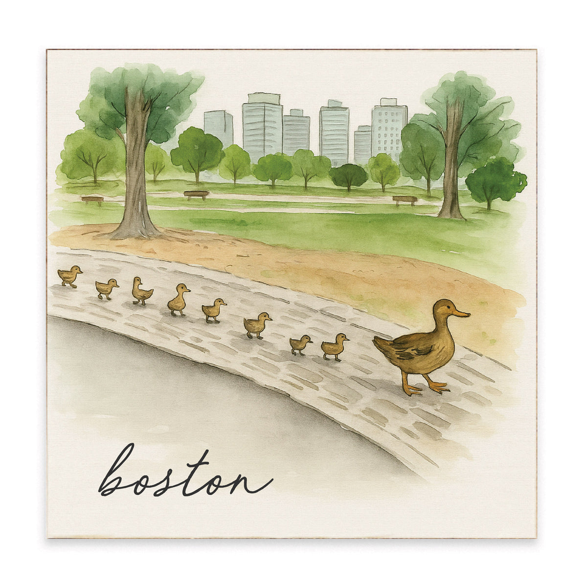 Boston Watercolor Ducklings Block Sign