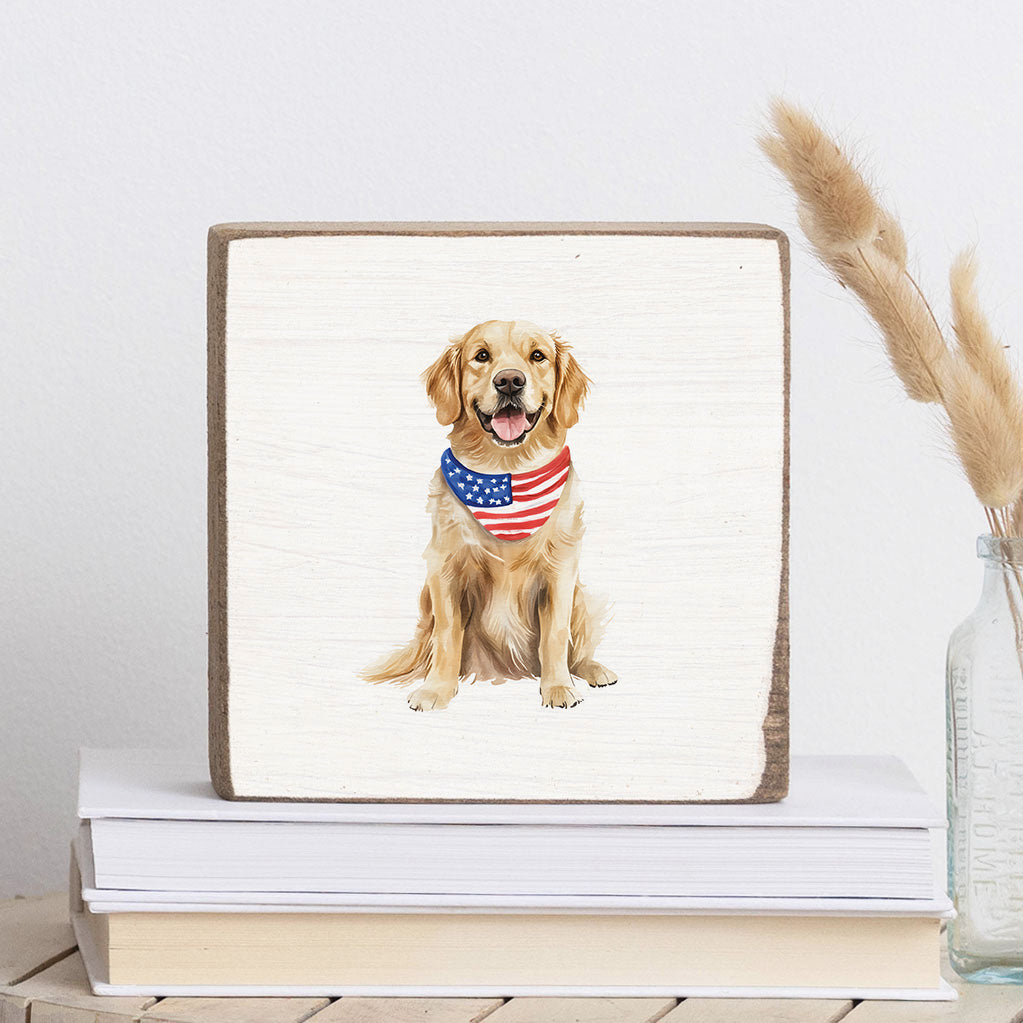 American Flag Pet Dog Square Block Sign