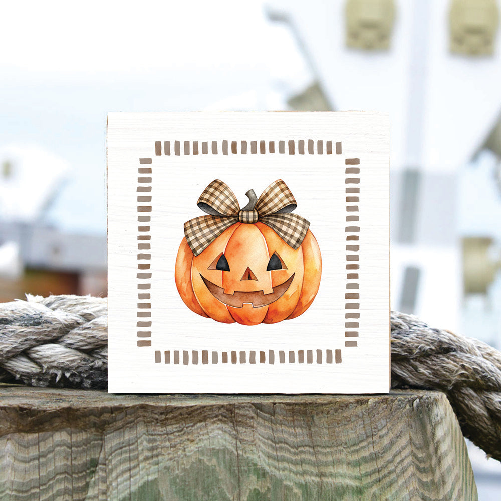 Gingham Bow Pumpkin Block Sign