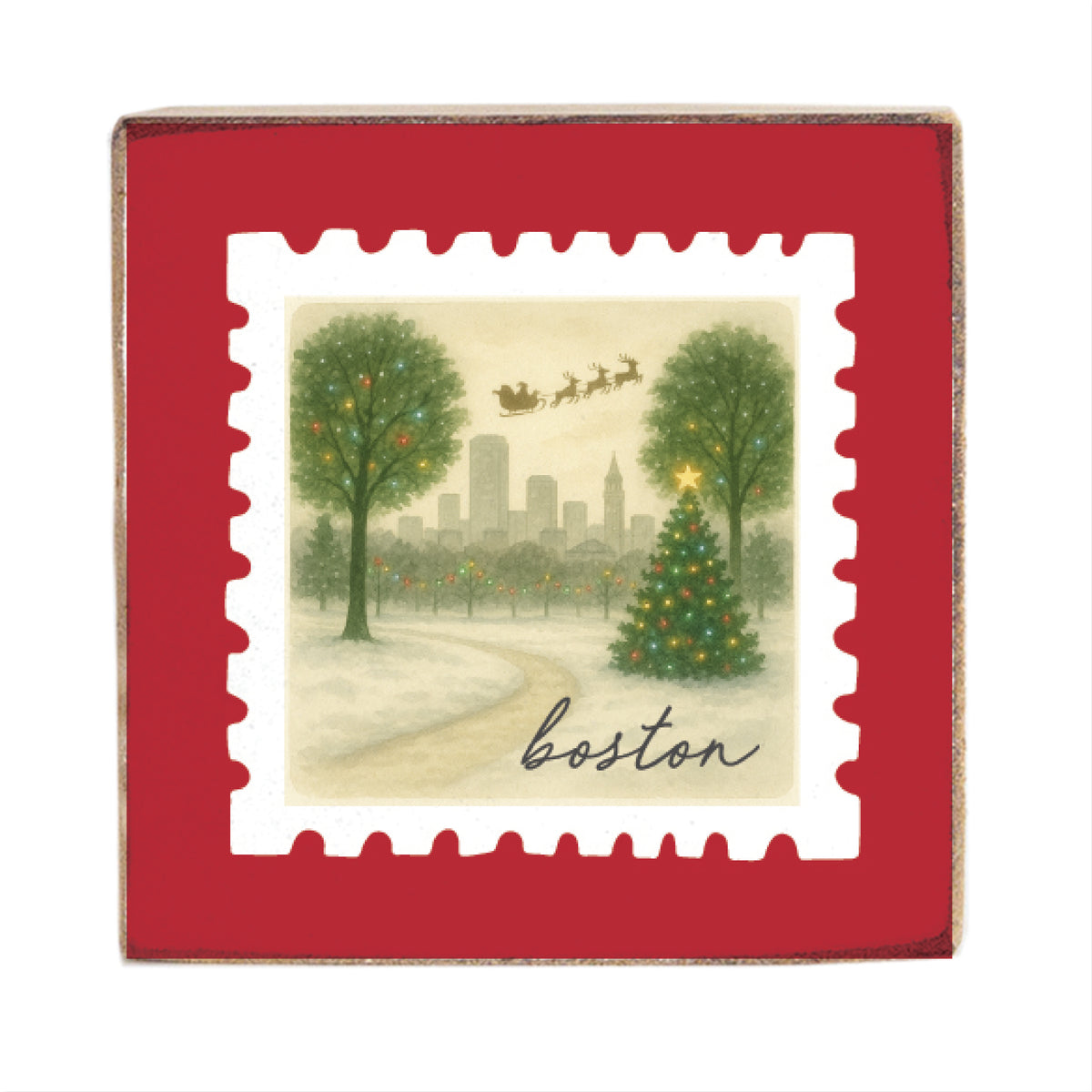Boston Christmas Night Square Block Sign