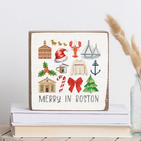 Merry In Boston Icons Block Sign