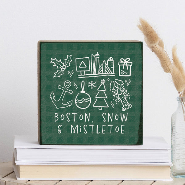 Boston Snow And Mistletoe Block Sign