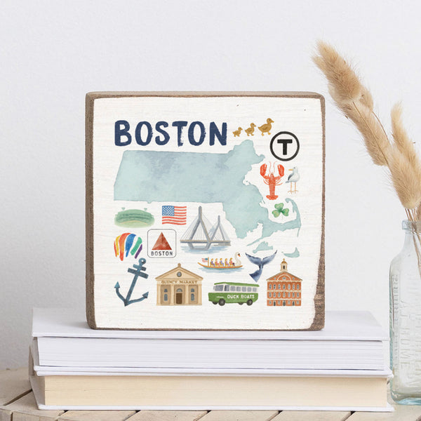 Boston Massachusetts State Icons Block Sign
