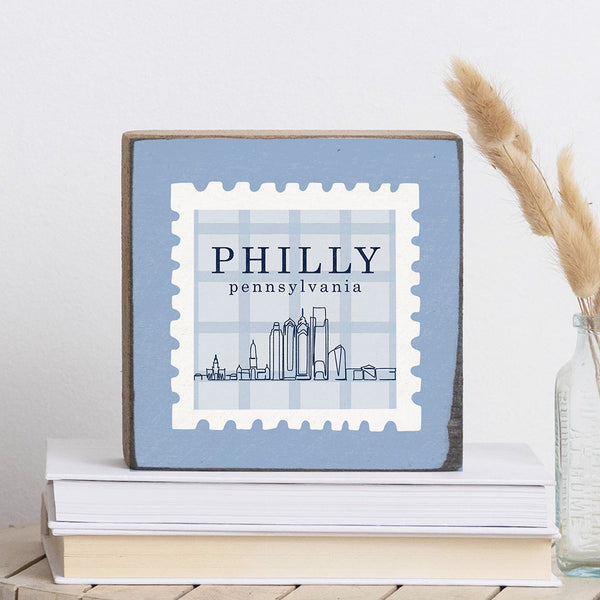 Philly Skyline Blue Stamp Block Sign