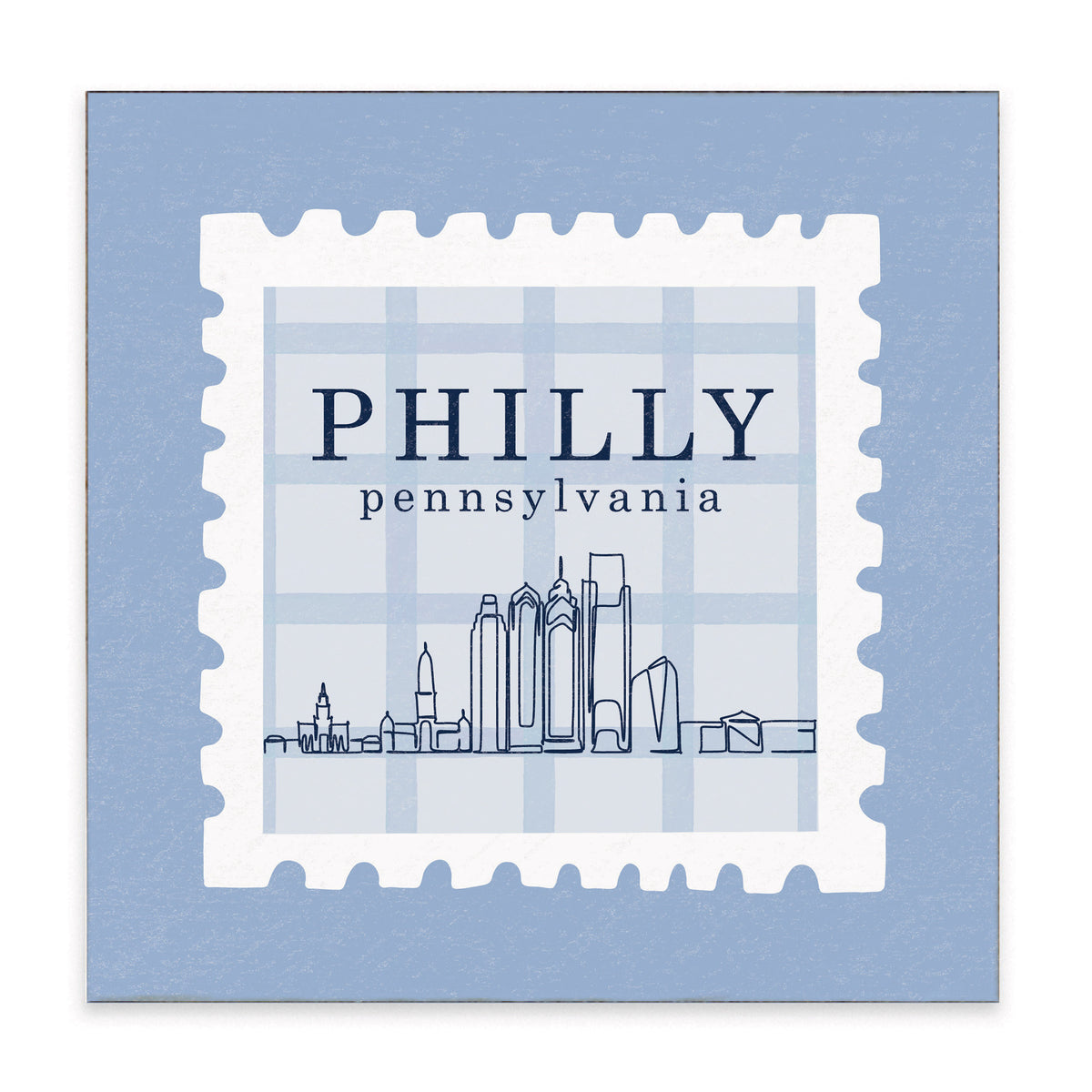 Philly Skyline Blue Stamp Block Sign
