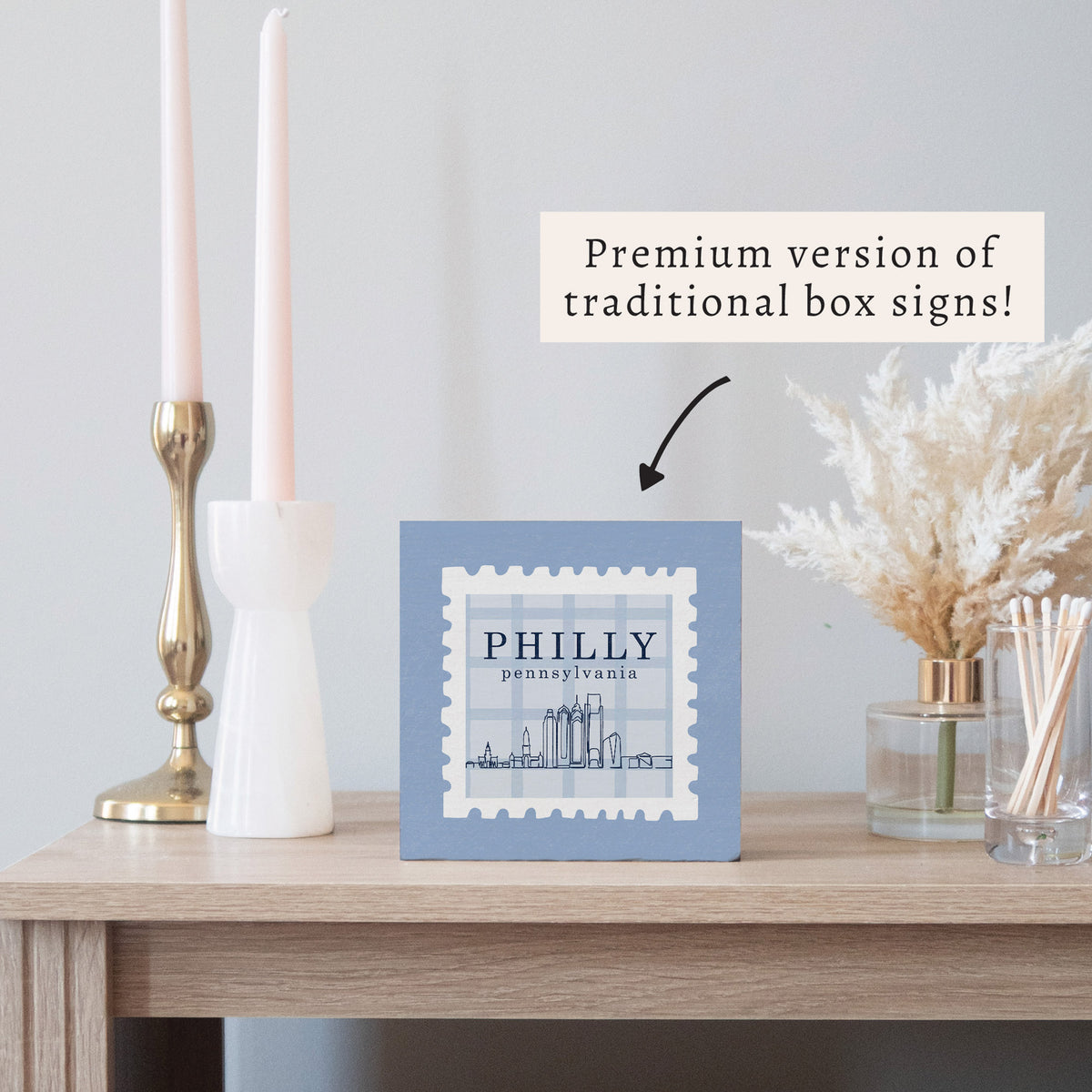 Philly Skyline Blue Stamp Block Sign