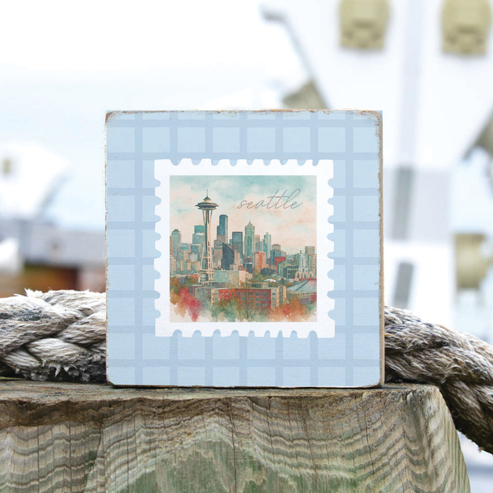 Seattle Stamp Blue Plaid Block Sign