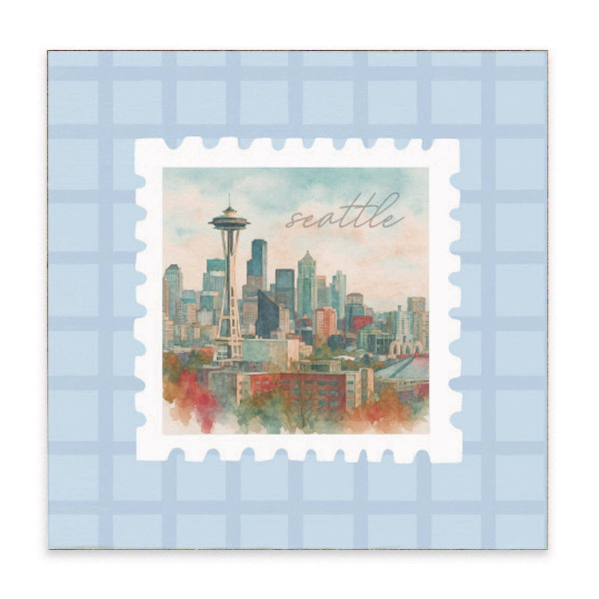 Seattle Stamp Blue Plaid Block Sign